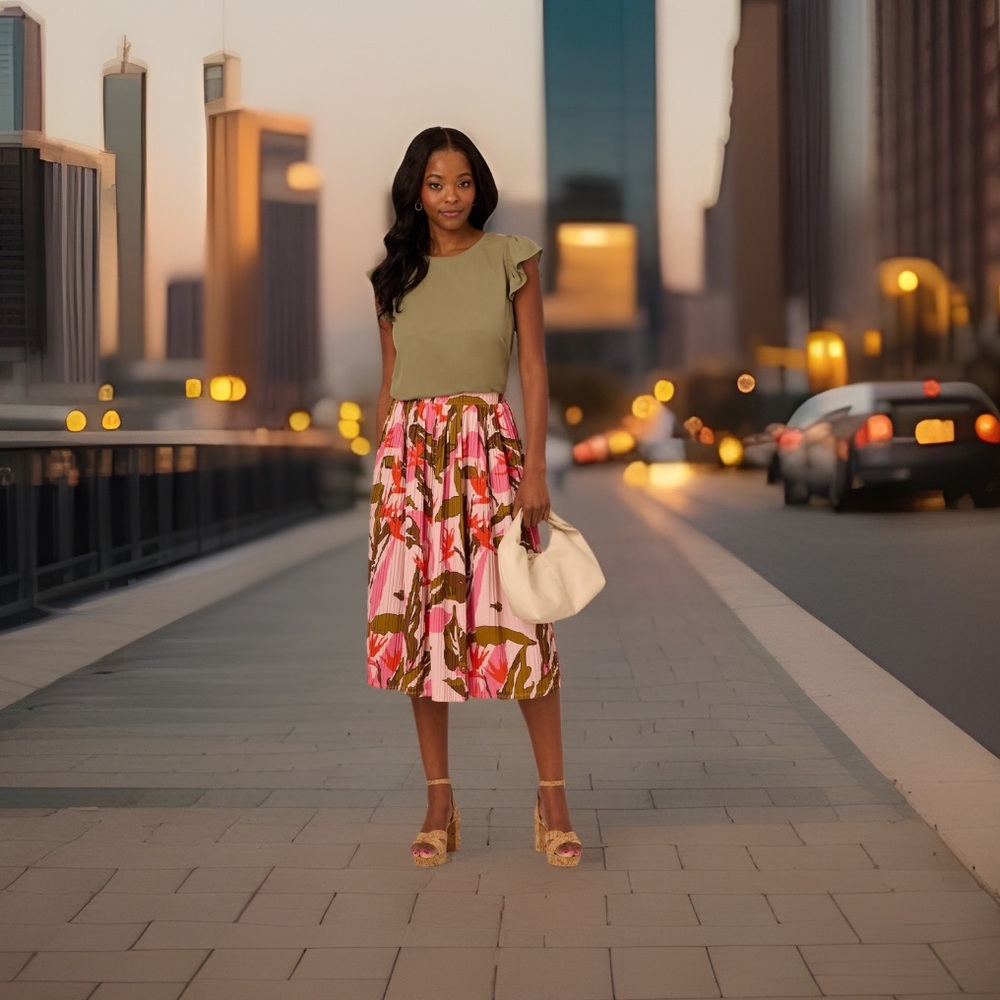 ADRIANNA PAPELL Micropleated Printed A Line Midi Skirt Pale Mauve Botanic Flora